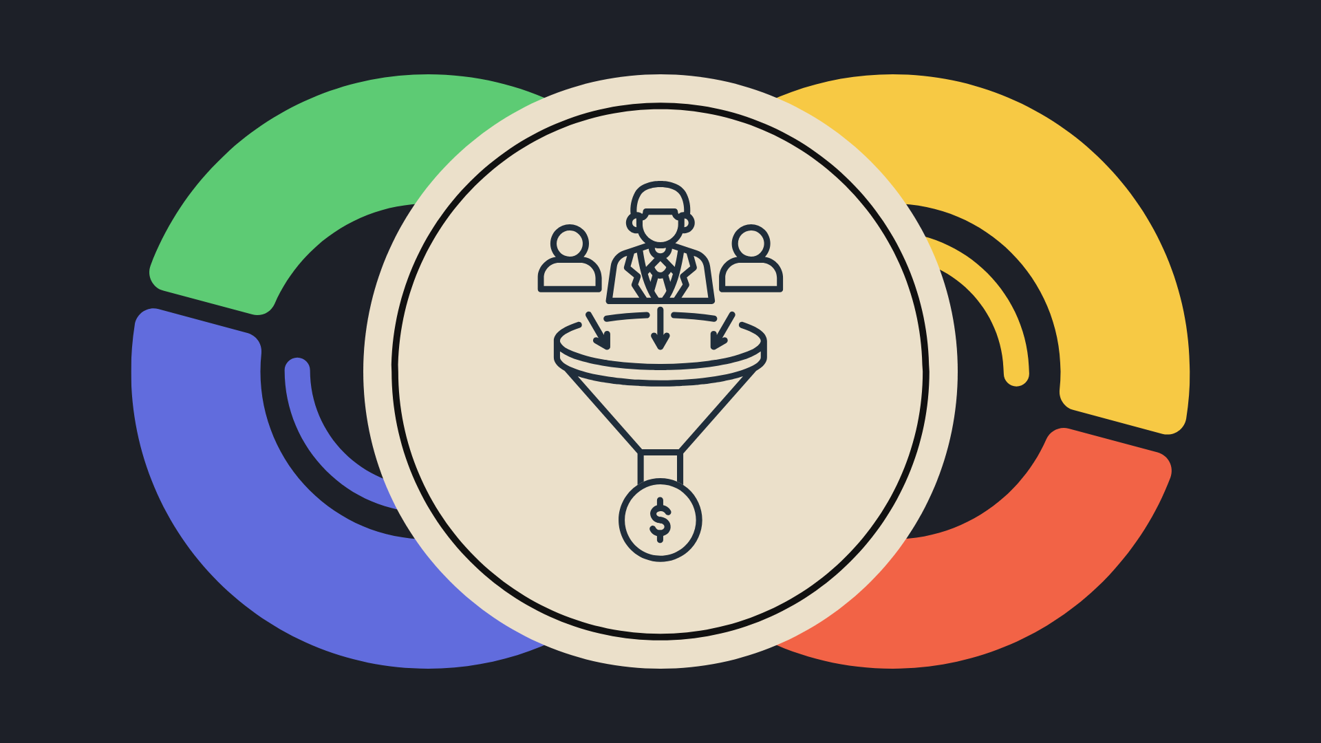 Symbolbild: Trichter mit Personen-Icons und Dollar-Zeichen, eingebettet in bunte Google-Farb-Kreissegmente