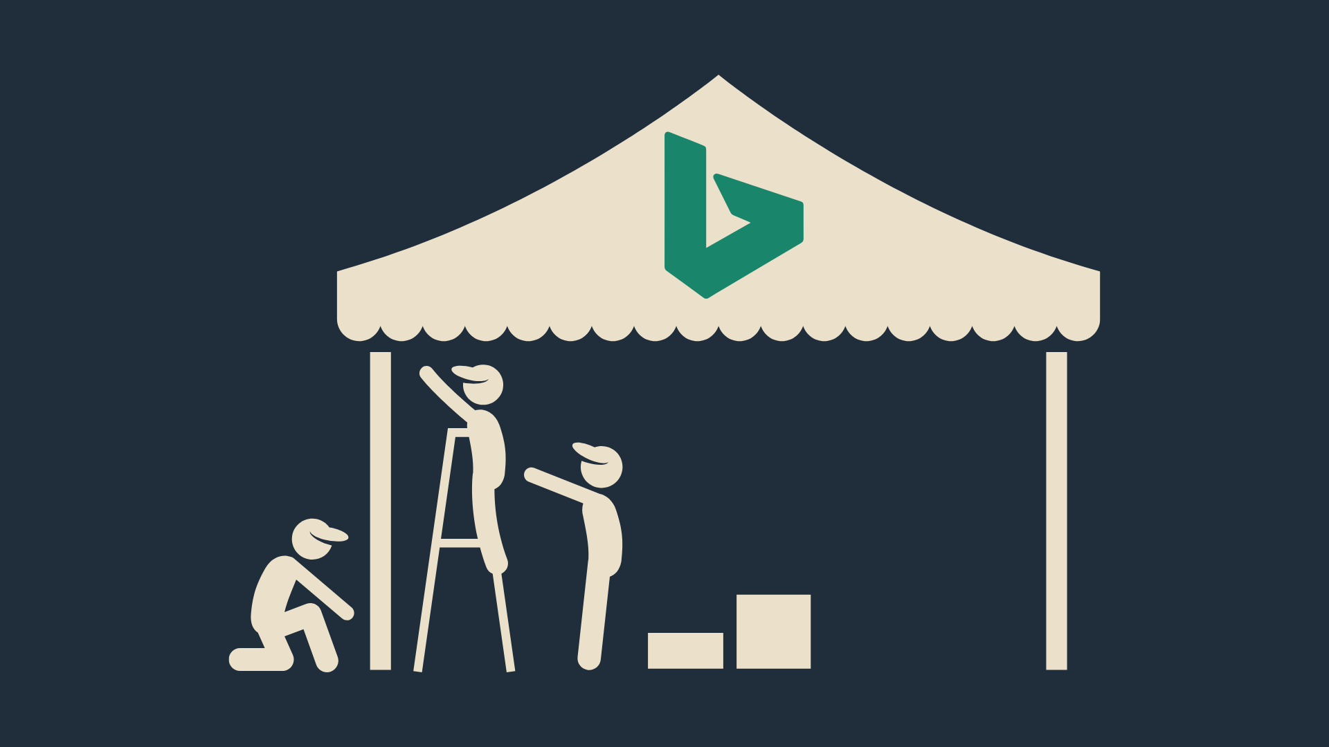 Microsoft Ads Konto erstellen – Illustration: drei Personen bauen einen Marktstand mit Bing-Logo auf