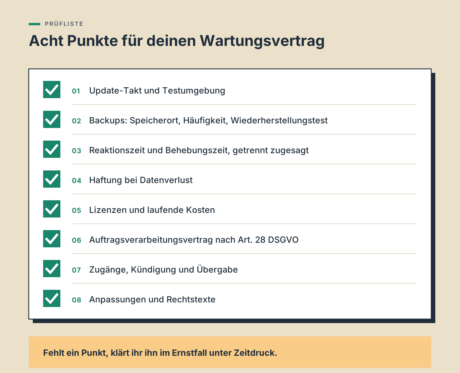Prüfliste mit acht Punkten für einen WordPress Wartungsvertrag: Update-Takt und Testumgebung, Backups mit Wiederherstellungstest, Reaktionszeit und Behebungszeit, Haftung bei Datenverlust, Lizenzen und laufende Kosten, Auftragsverarbeitungsvertrag, Zugänge und Übergabe, Anpassungen und Rechtstexte.